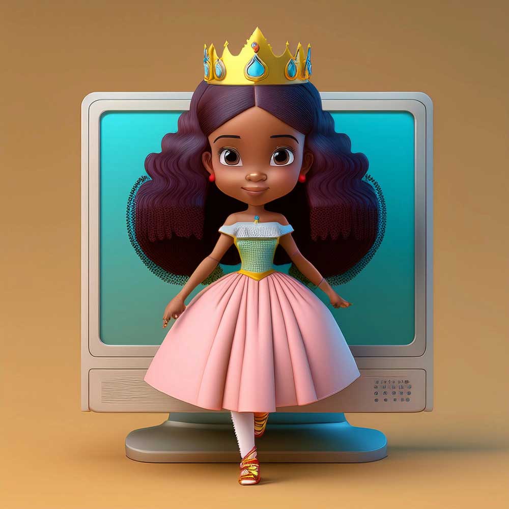 A 3D digital animation of a princess steeping out of a computer screen.